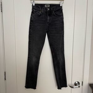 Agolde Lyle Jeans Womens Sz 23 Black Low Rise Slim Straight Leg Raw Hem Stretch